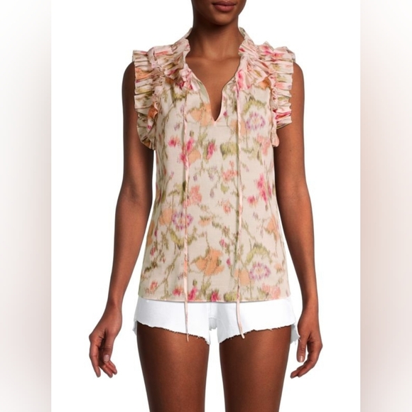 Rebecca Taylor Tops - Rebecca Taylor Picot Ruffle Blouse, Marmalade Combo, Off White, Print, Medium